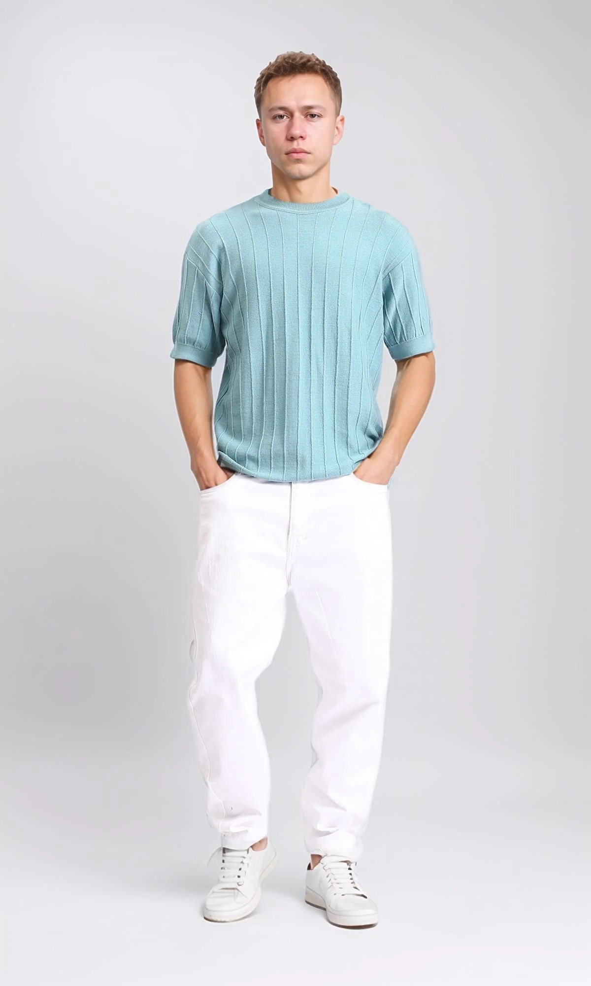 R206981 - Ribbed Round Neck Regular Tee - Light Sky Blue - Image 5
