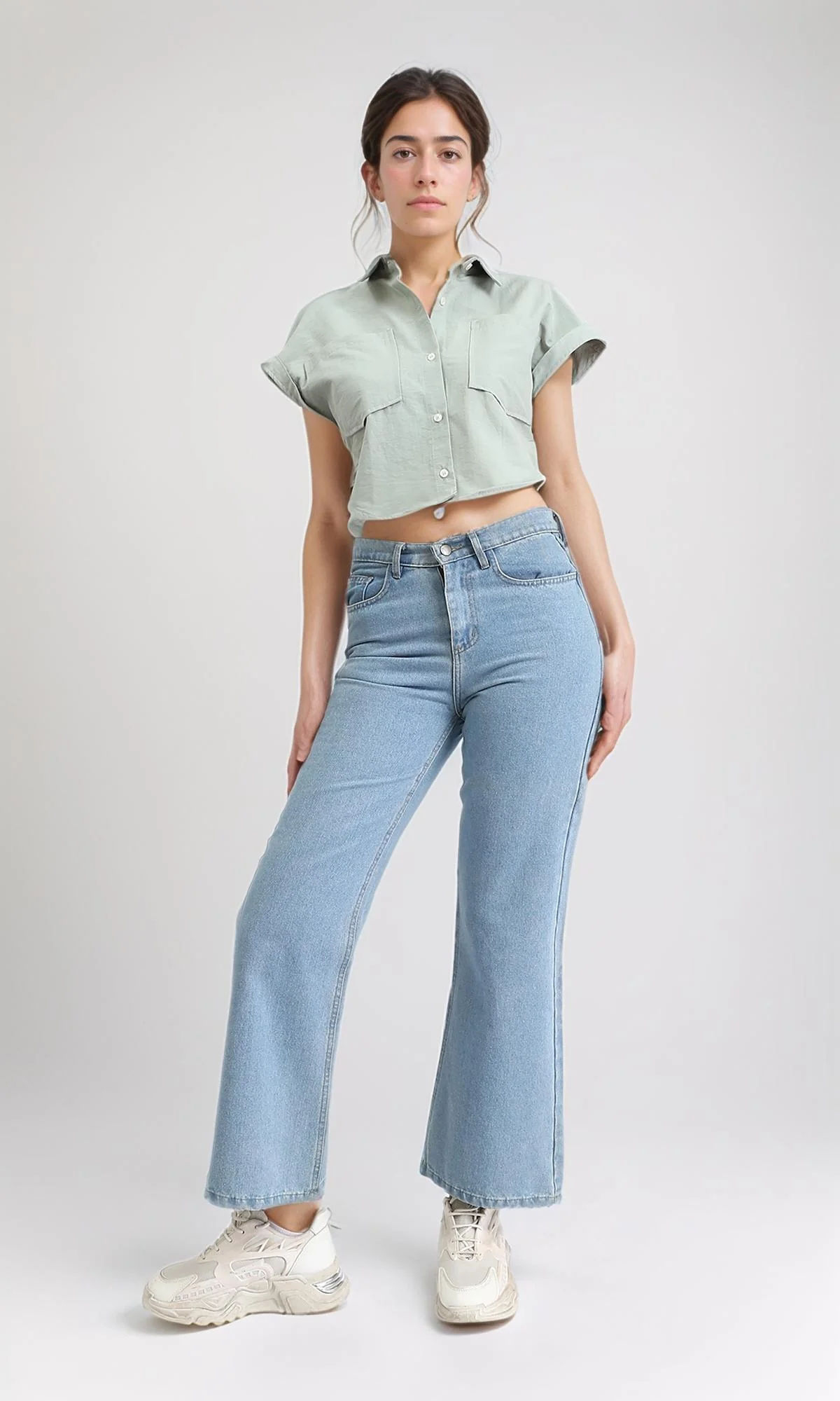 R209129 - Roll-Up Cap Sleeves Short Shirt - Pastel Mint - Image 4