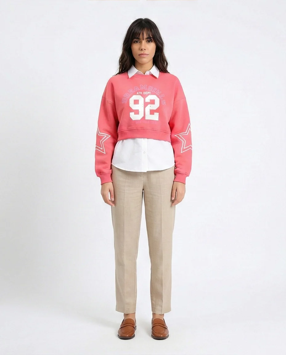 R212058 - Round Neck Printed Short Sweatshirt - Coral Pink - Image 4
