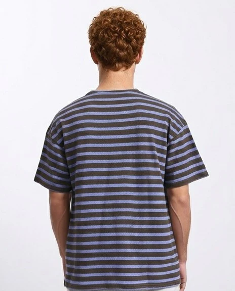 R208453 - Round Neck Striped Relaxed Tee - Dark Brown & Steel Blue - Image 2