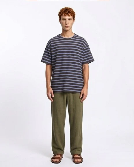 R208453 - Round Neck Striped Relaxed Tee - Dark Brown & Steel Blue - Image 3