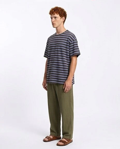 R208453 - Round Neck Striped Relaxed Tee - Dark Brown & Steel Blue - Image 4