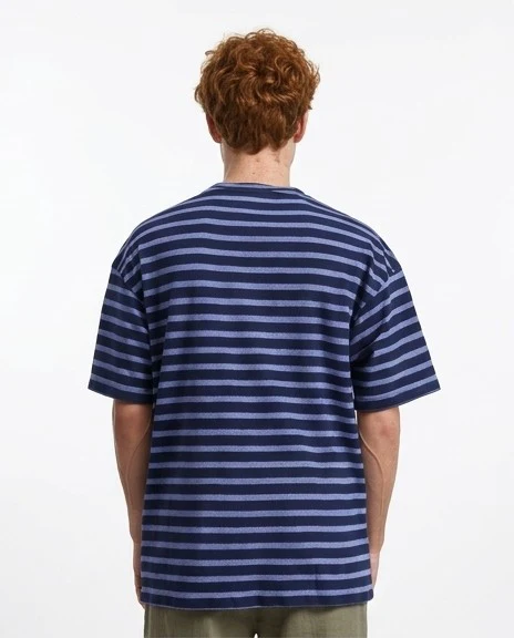 R208452 - Round Neck Striped Relaxed Tee - Navy Blue & Steel Blue - Image 2