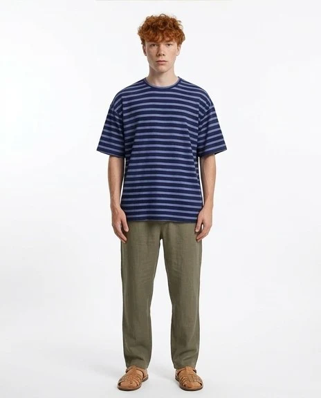 R208452 - Round Neck Striped Relaxed Tee - Navy Blue & Steel Blue - Image 3