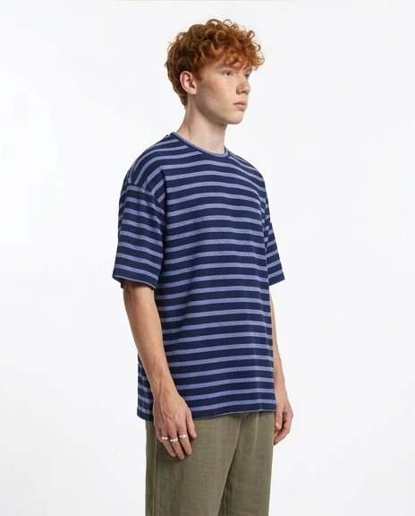 R208452 - Round Neck Striped Relaxed Tee - Navy Blue & Steel Blue - Image 4