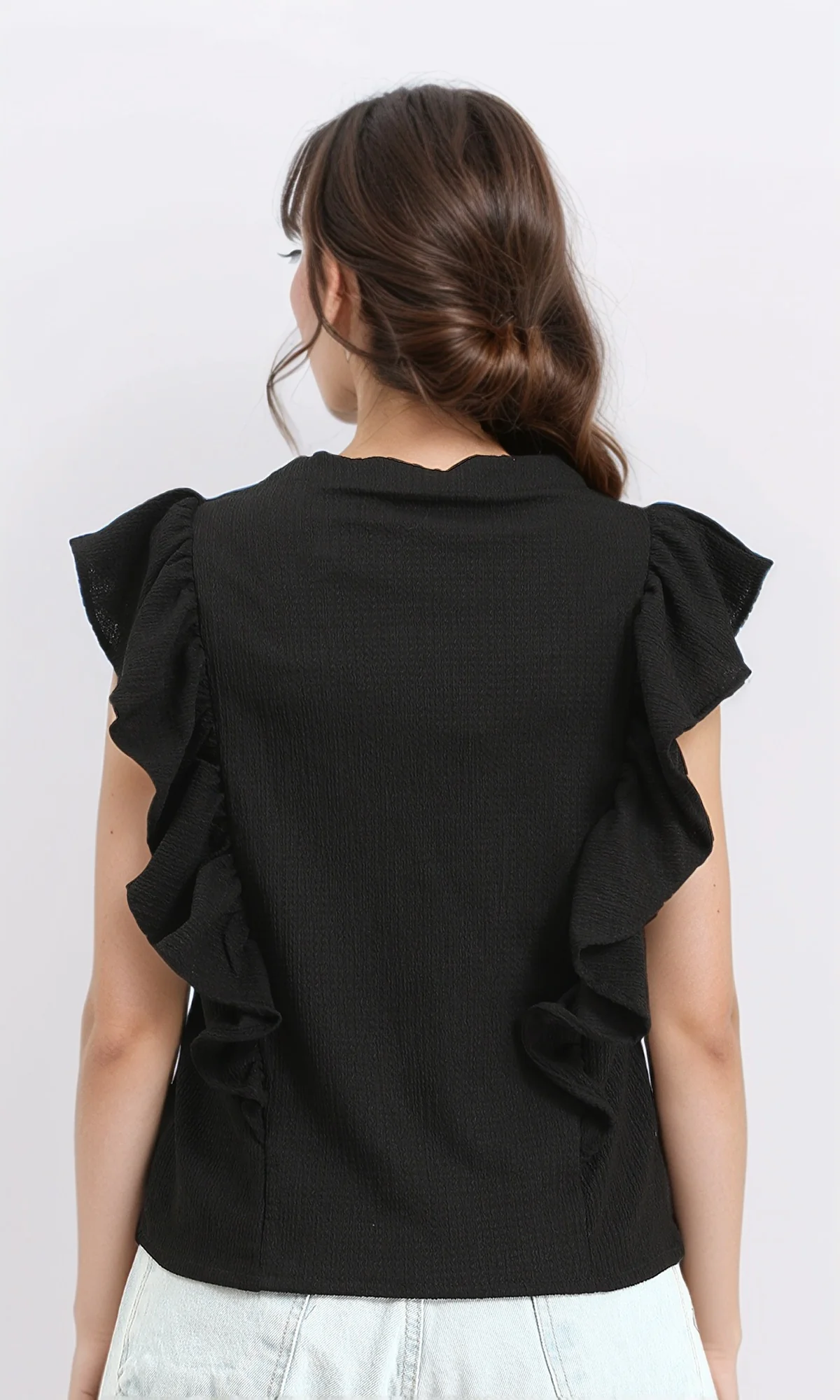R211303 - Ruffled Sleeveless Buttoned Blouse - Black - Image 2