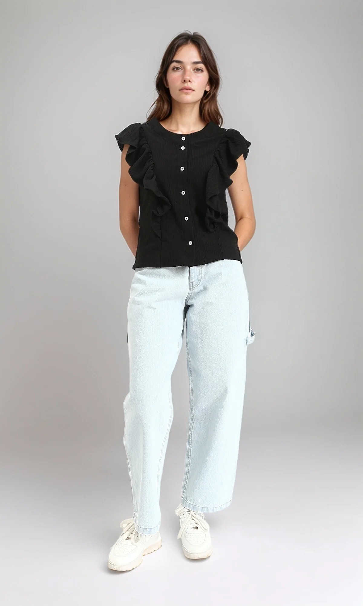 R211303 - Ruffled Sleeveless Buttoned Blouse - Black - Image 4