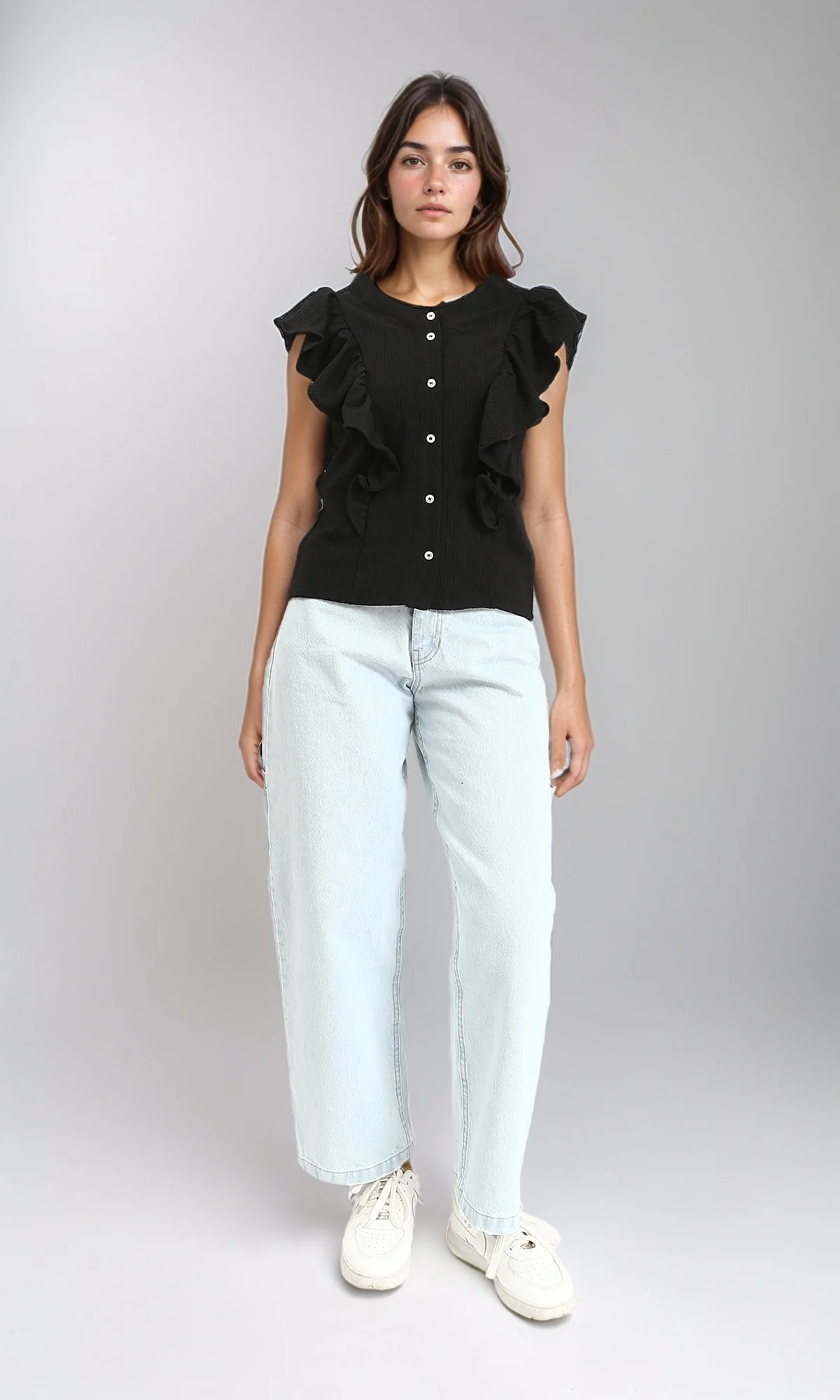 R211303 - Ruffled Sleeveless Buttoned Blouse - Black - Image 5