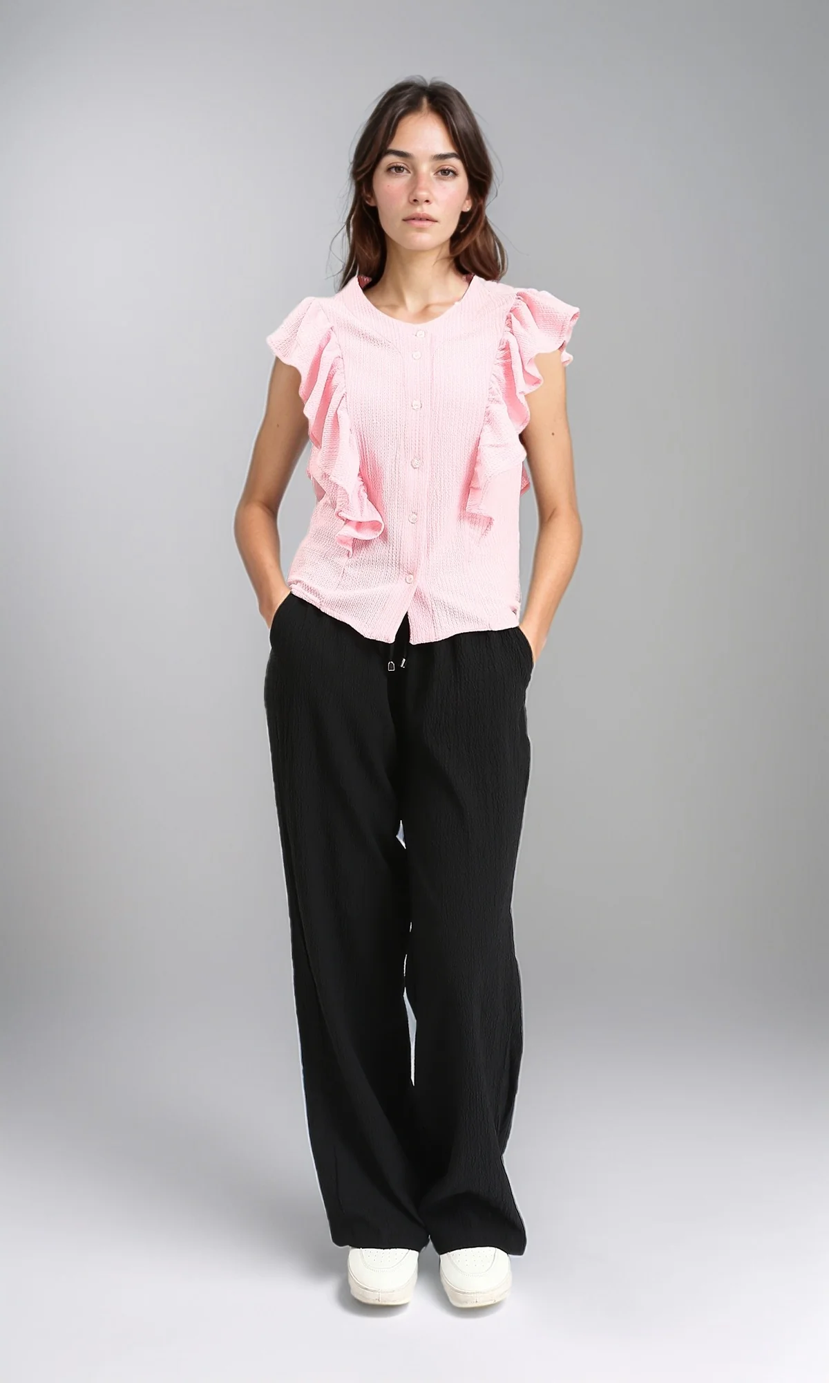 R211304 - Ruffled Sleeveless Buttoned Blouse - Light Coral - Image 4