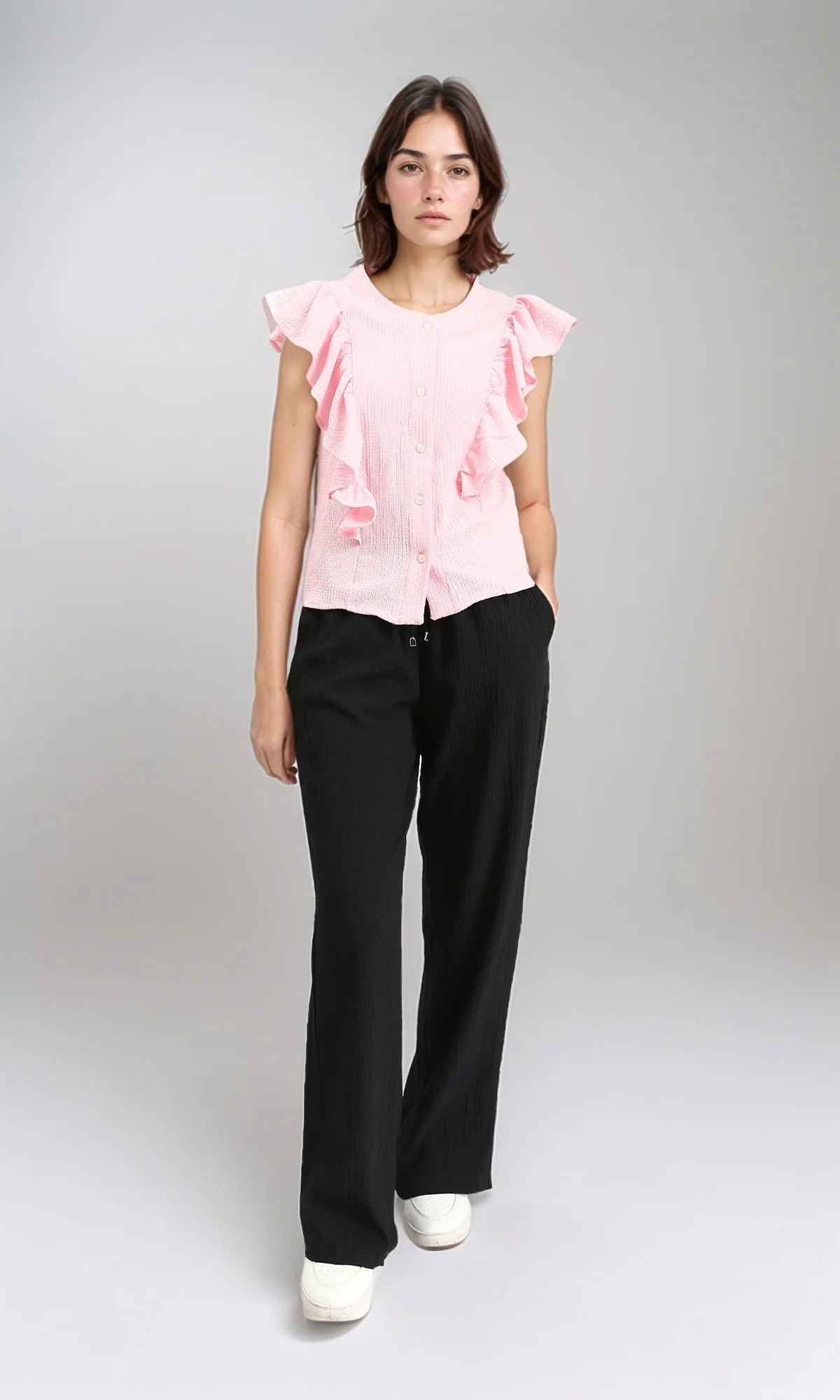 R211304 - Ruffled Sleeveless Buttoned Blouse - Light Coral - Image 5