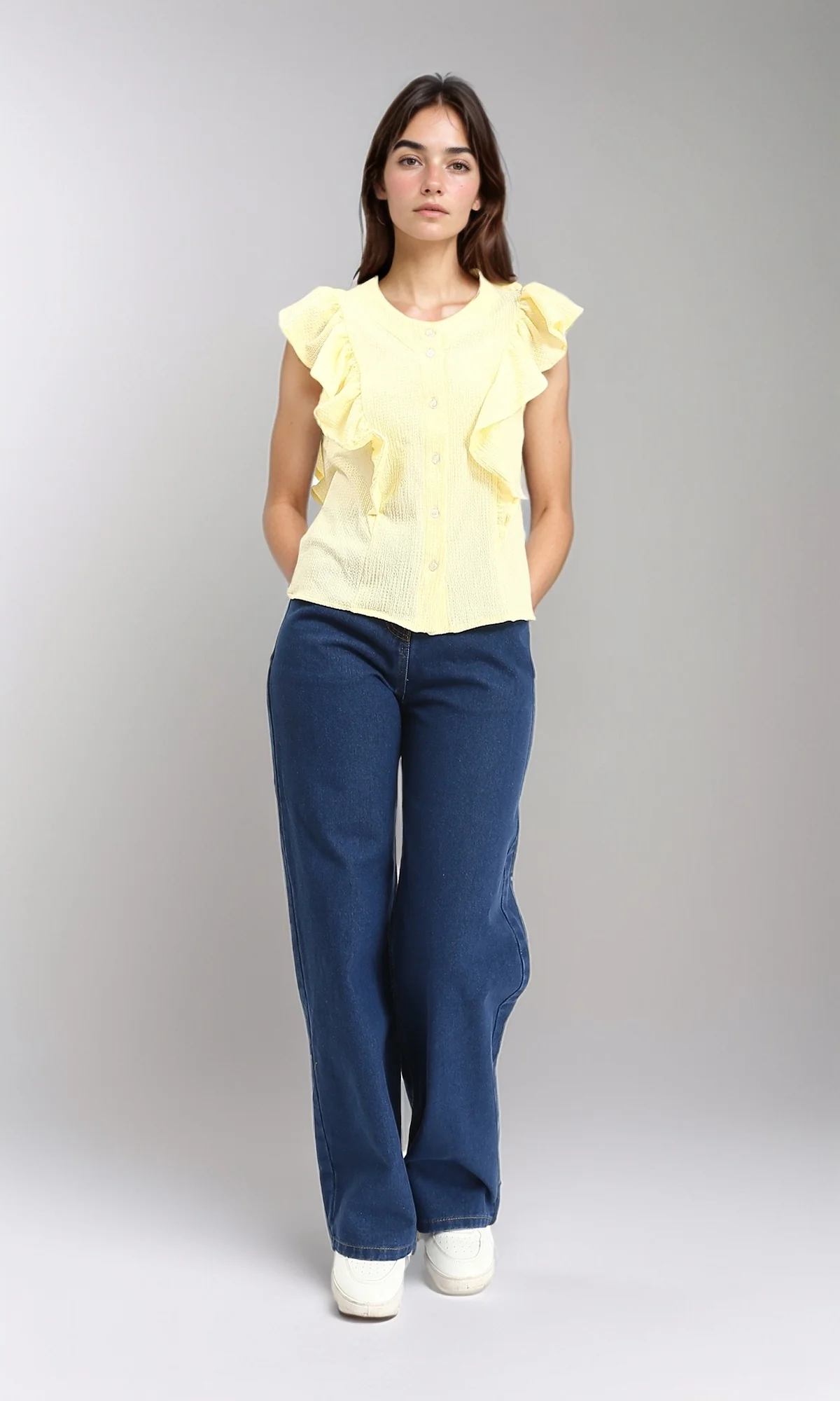 R211300 - Ruffled Sleeveless Buttoned Blouse - Yellow - Image 4