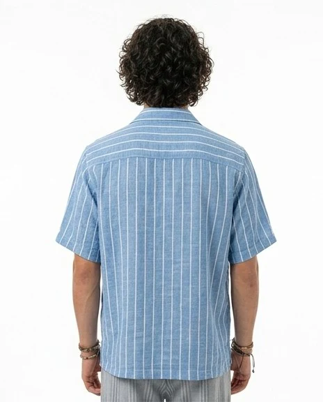 Blue Striped Relaxed Fit Camp Collar Short Sleeve Shirt - R217161 - Image 2