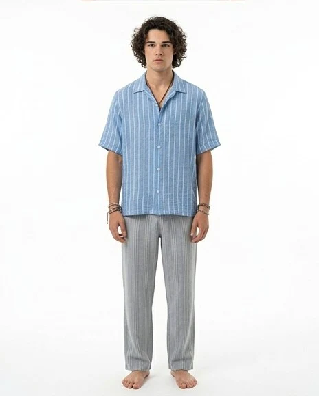 Blue Striped Relaxed Fit Camp Collar Short Sleeve Shirt - R217161 - Image 3