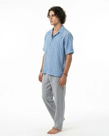 Blue Striped Relaxed Fit Camp Collar Short Sleeve Shirt - R217161 - Image 4