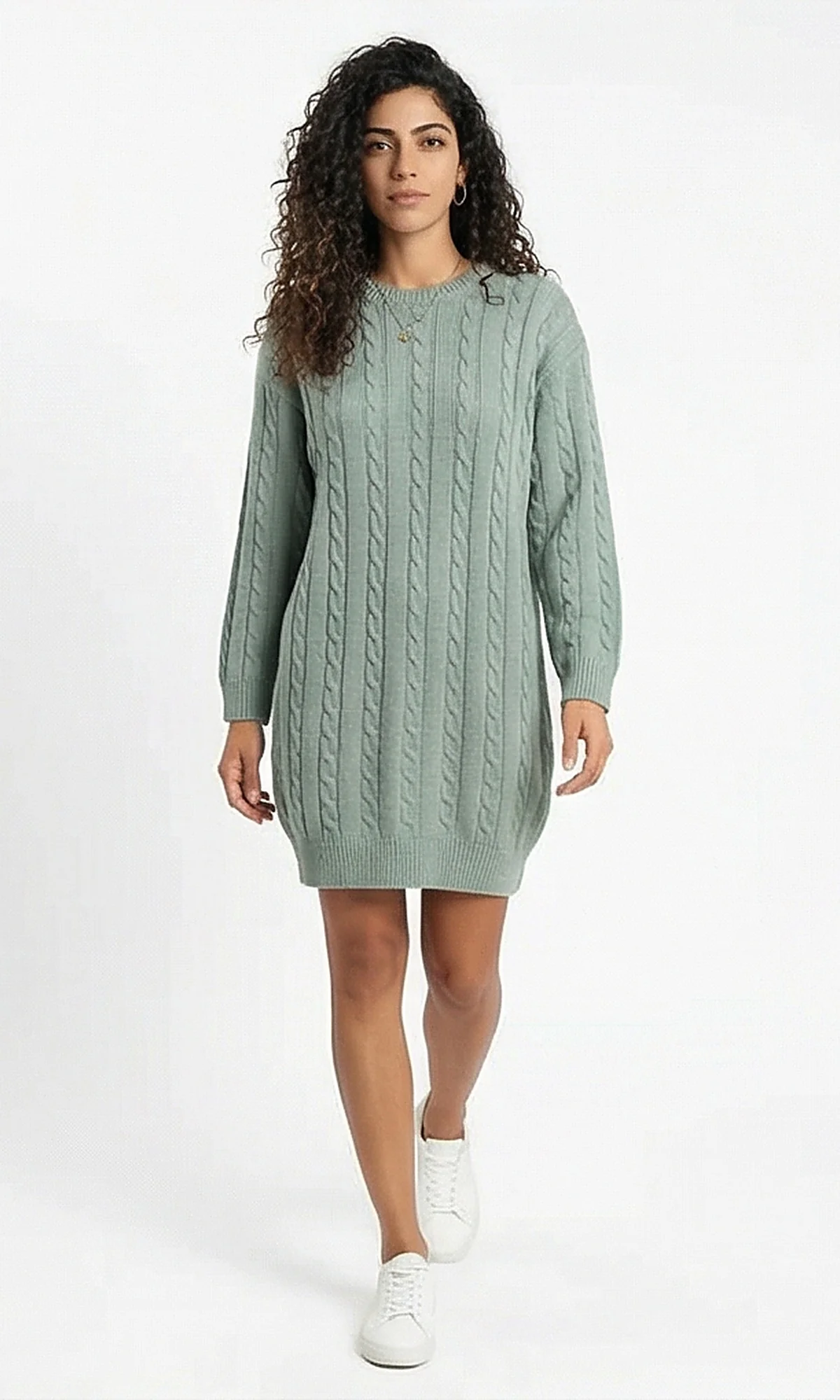 Sage Green Cable Knit Mini Sweater Dress - Image 4