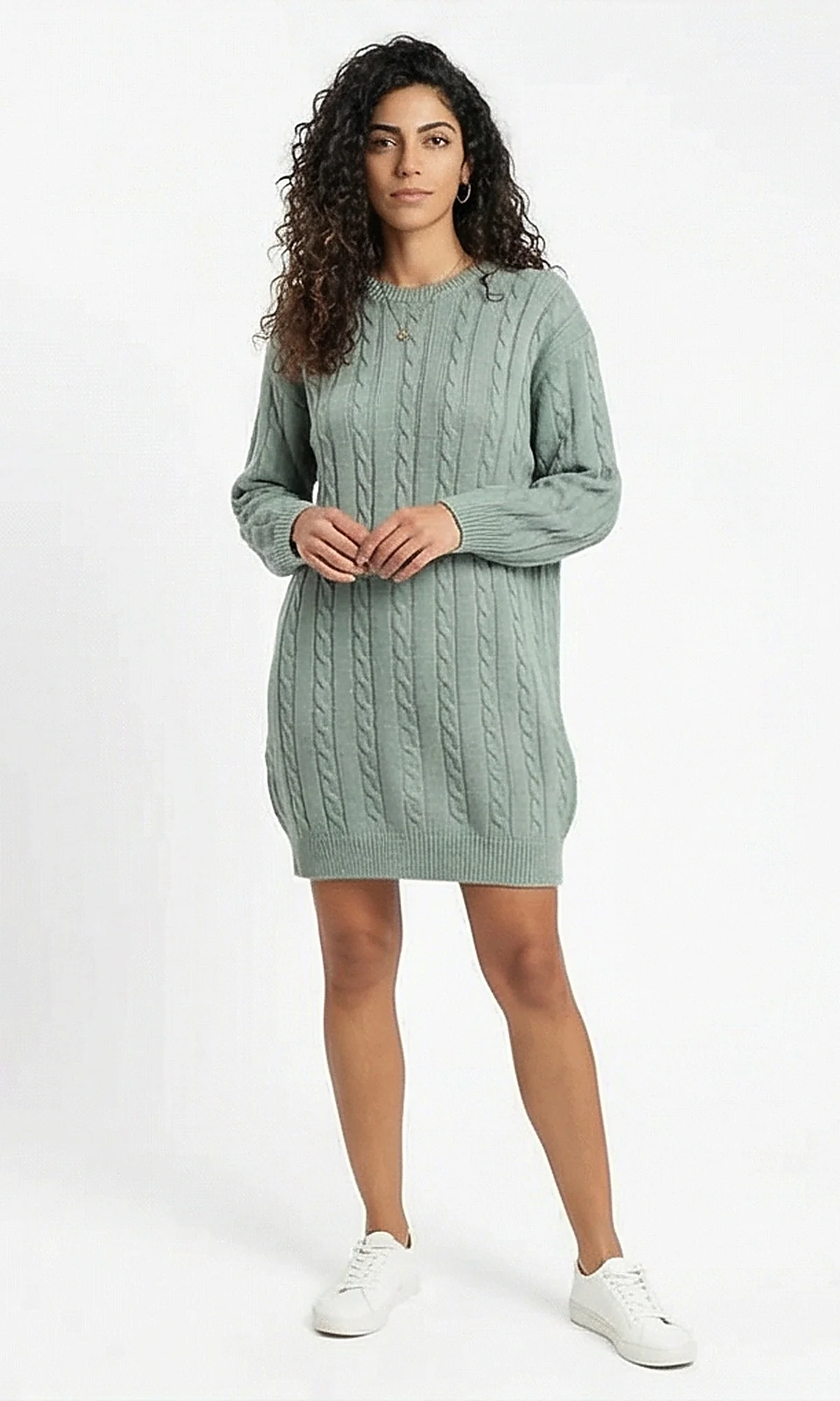 Sage Green Cable Knit Mini Sweater Dress - Image 5