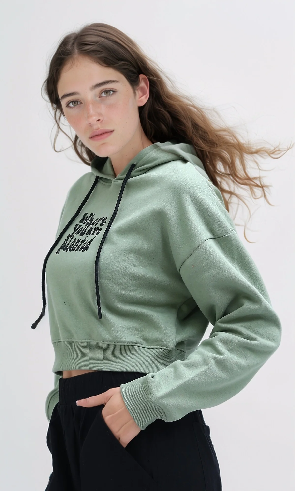 Sage Green Graphic Cropped Hoodie - 0200574 - Image 2