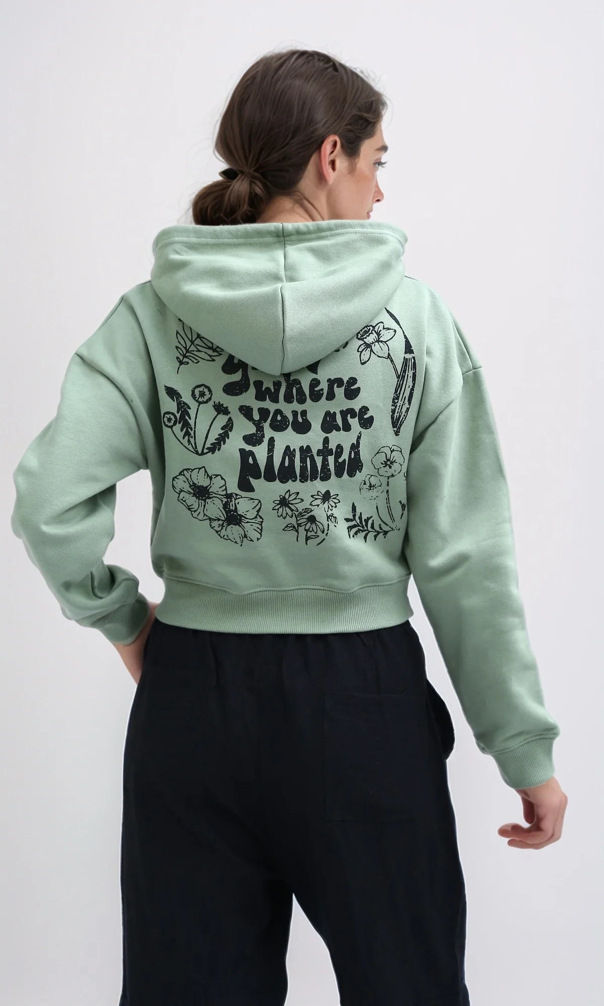 Sage Green Graphic Cropped Hoodie - 0200574 - Image 3