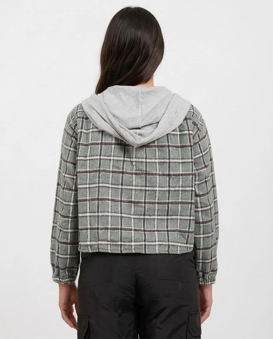 Sage Green Plaid Cropped Hooded Shacket - O200718 - Image 2