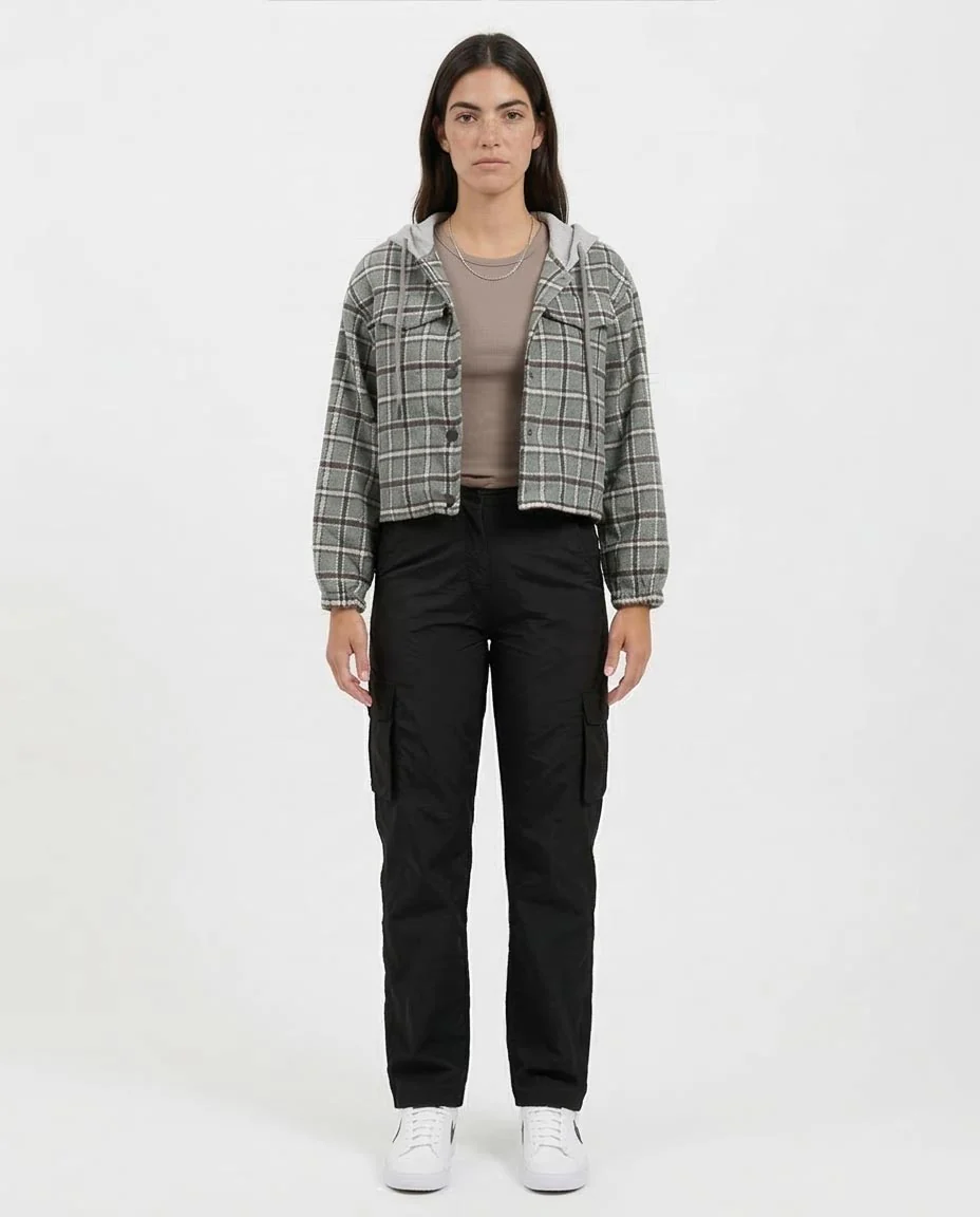 Sage Green Plaid Cropped Hooded Shacket - O200718 - Image 3