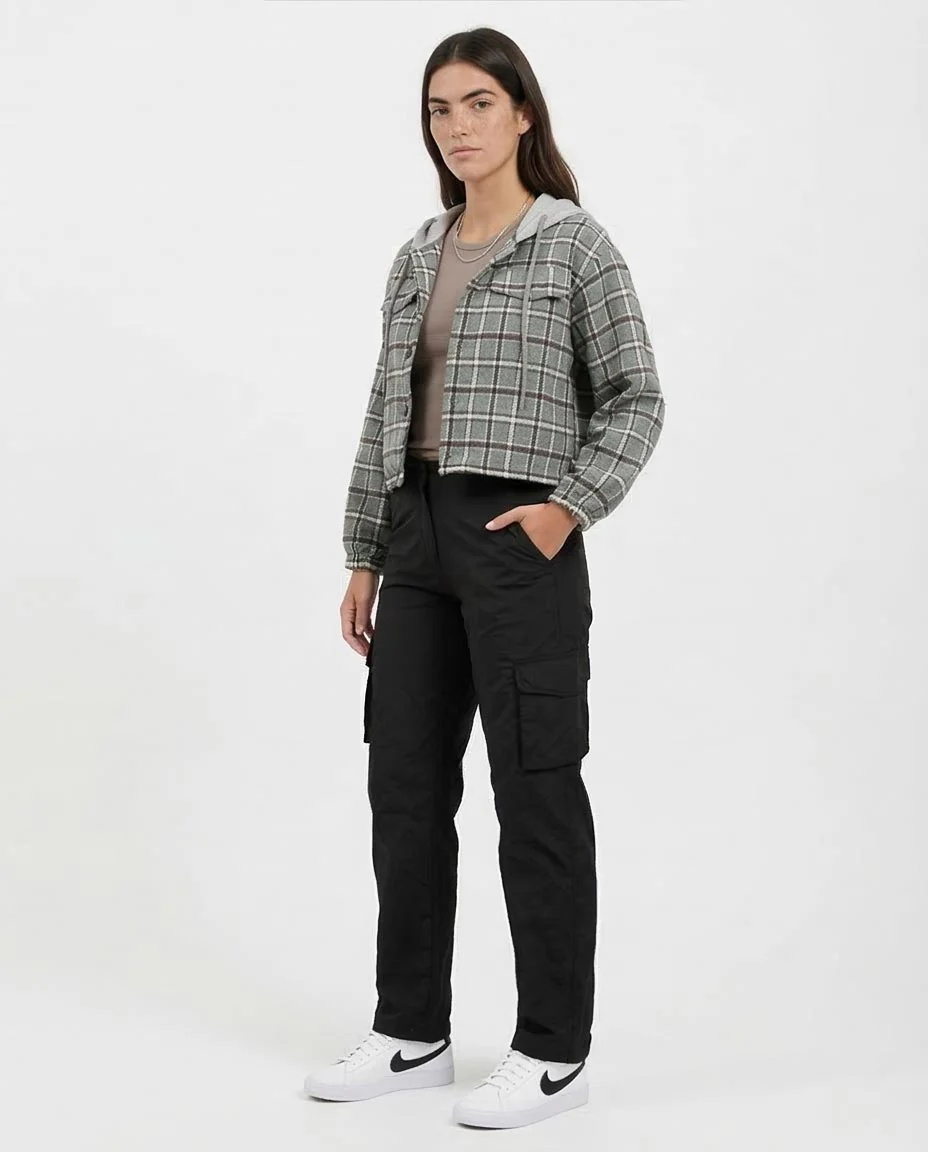 Sage Green Plaid Cropped Hooded Shacket - O200718 - Image 4