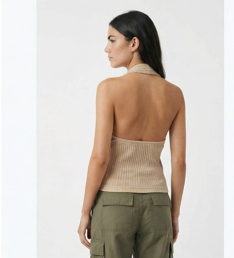 Sand Ribbed Halter Neck Backless Top - R217145 - Image 6
