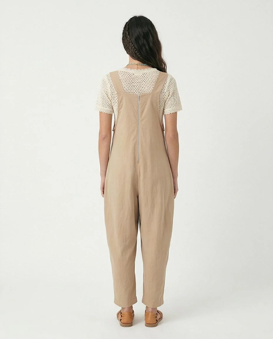 Sand Linen-Blend Wide-Leg Jumpsuit with Back Zipper Detail - R216674 - Image 2