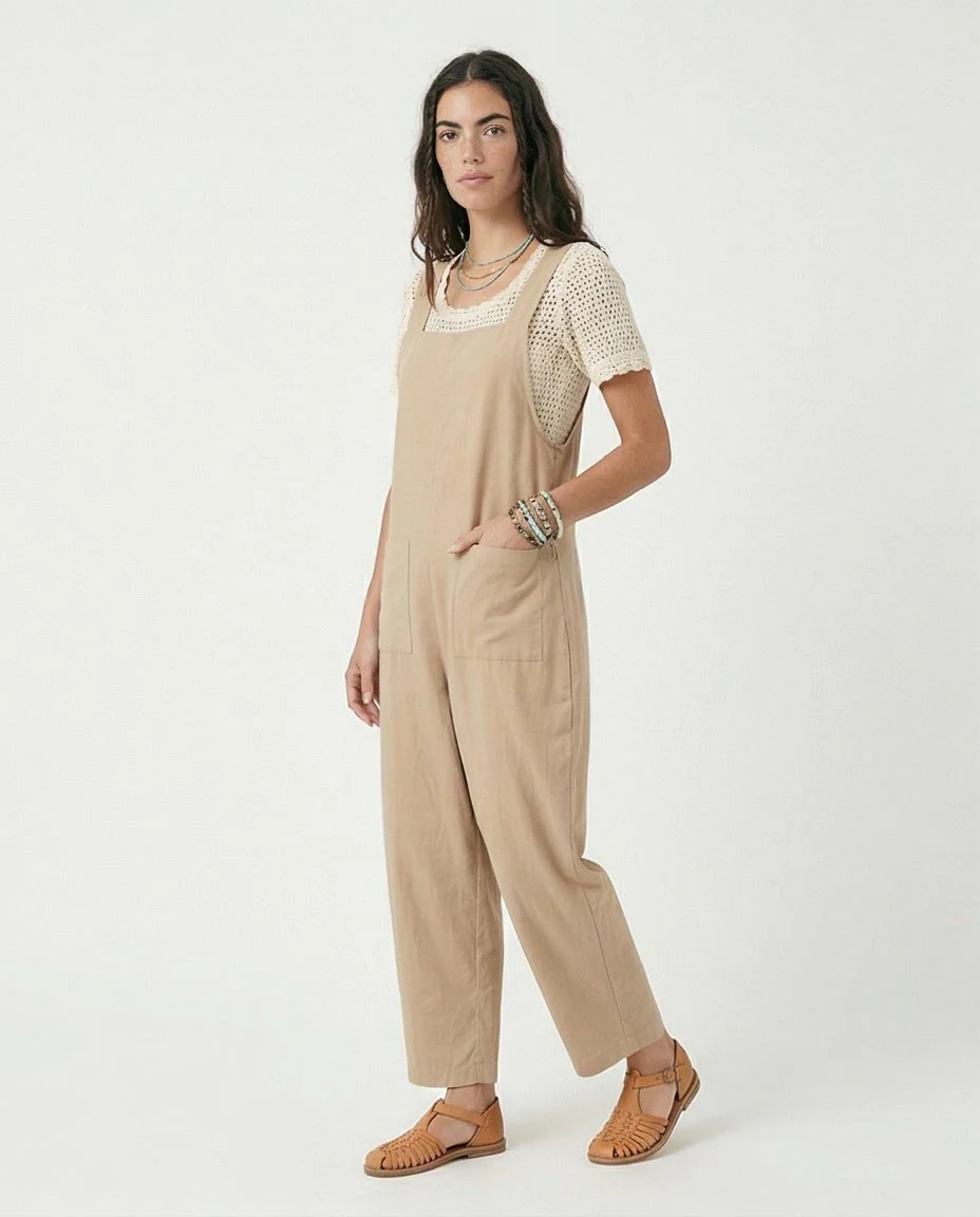 Sand Linen-Blend Wide-Leg Jumpsuit with Back Zipper Detail - R216674 - Image 3