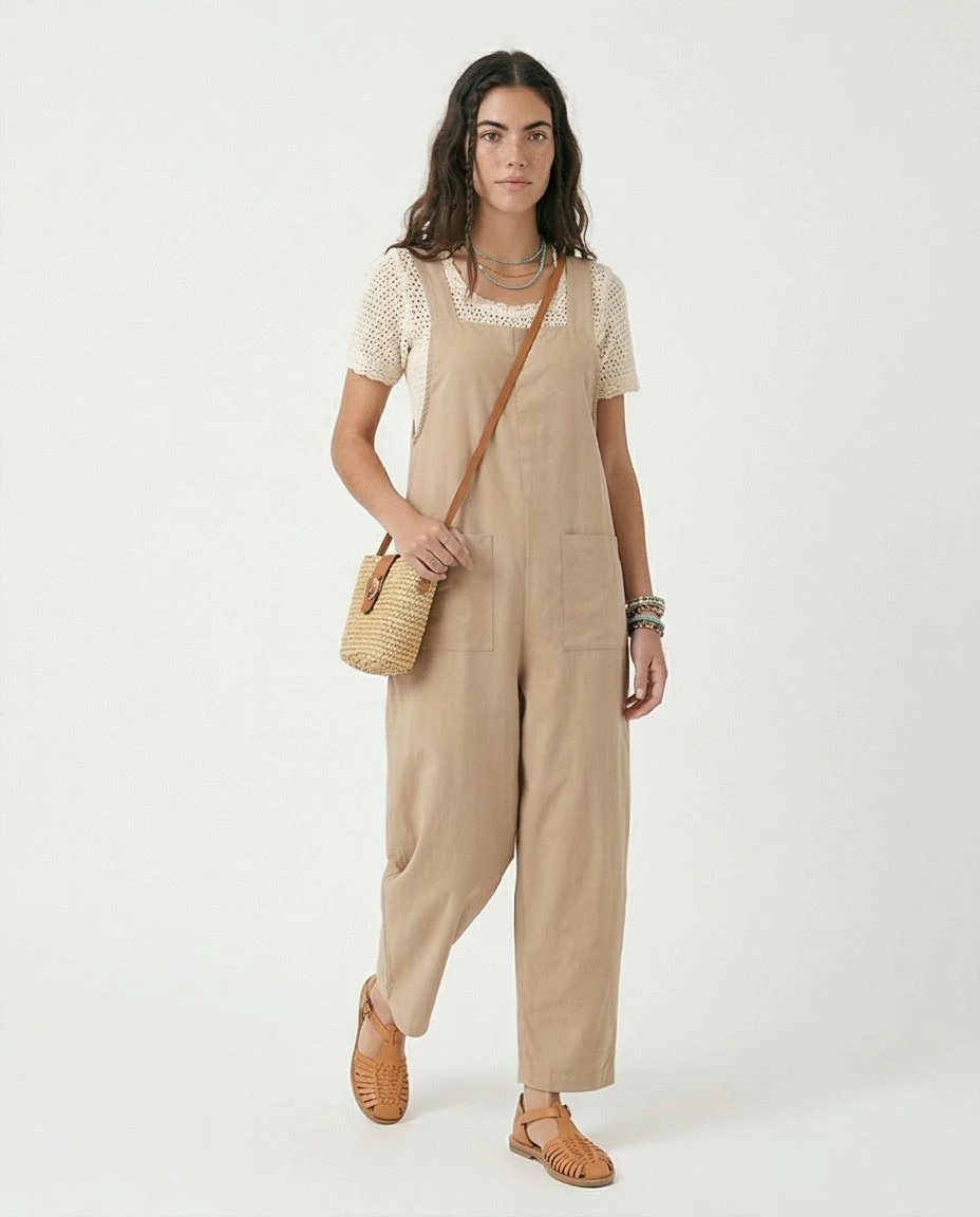 Sand Linen-Blend Wide-Leg Jumpsuit with Back Zipper Detail - R216674 - Image 4