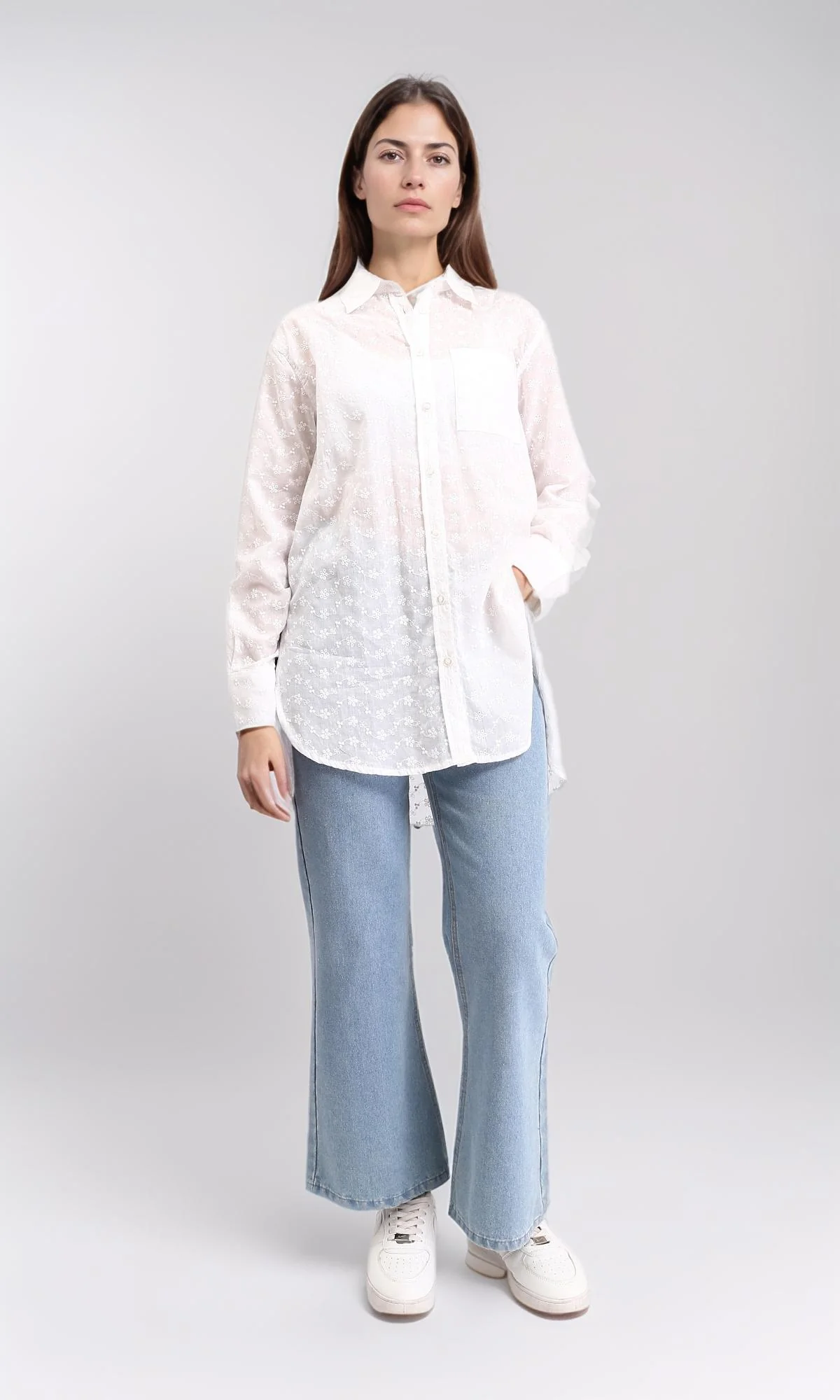 R209116 - Self Pattern Buttoned Long Shirt - White - Image 5