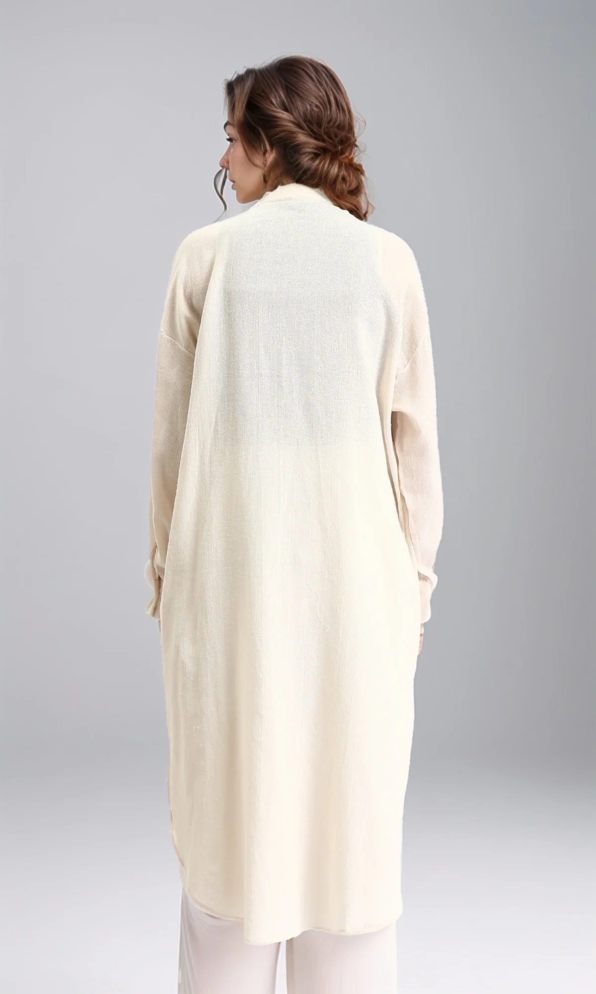 R206352 - Self Pattern Long Shirt with Slit - Beige - Image 2