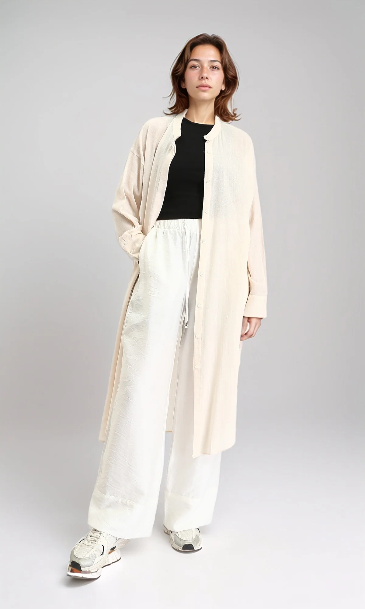 R206352 - Self Pattern Long Shirt with Slit - Beige - Image 4