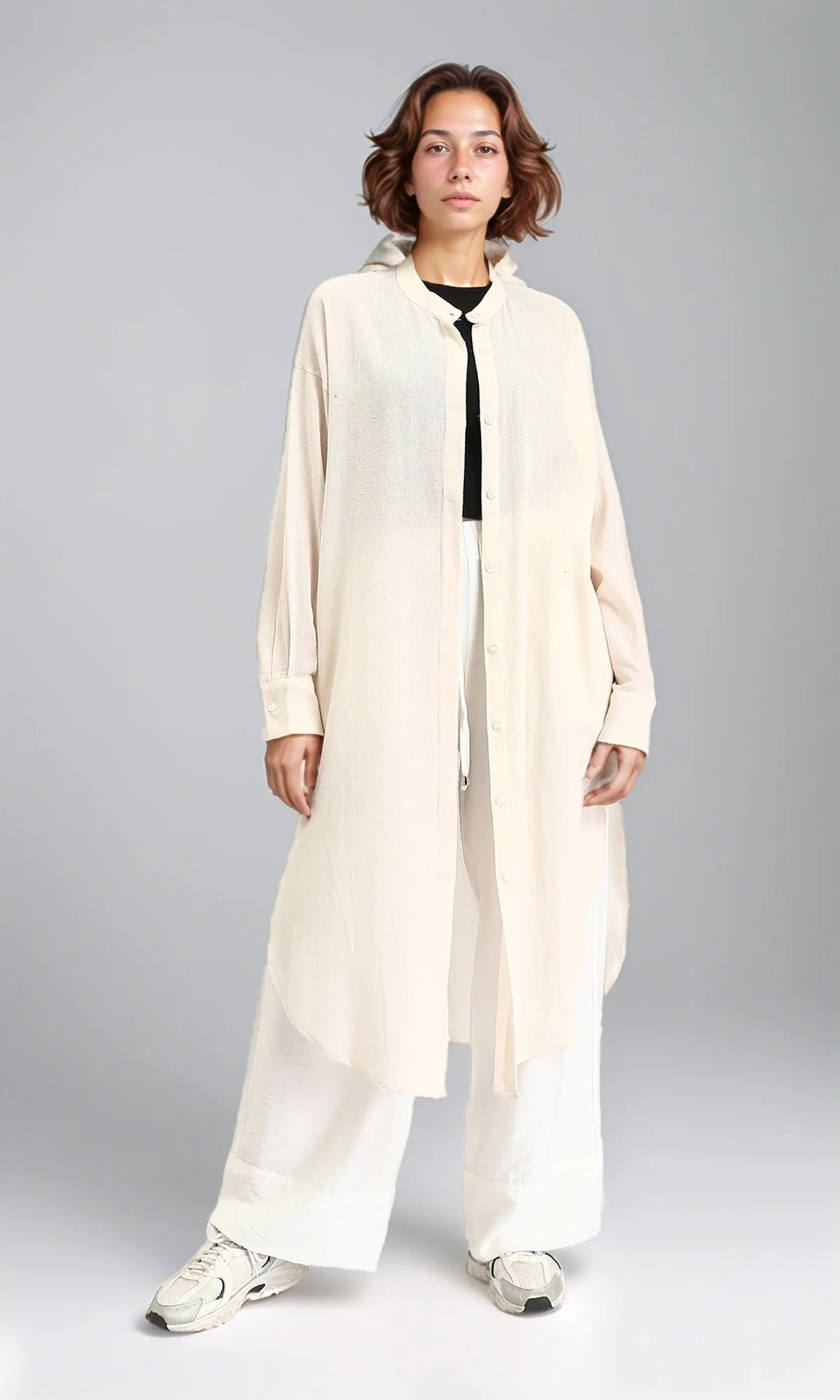 R206352 - Self Pattern Long Shirt with Slit - Beige - Image 5