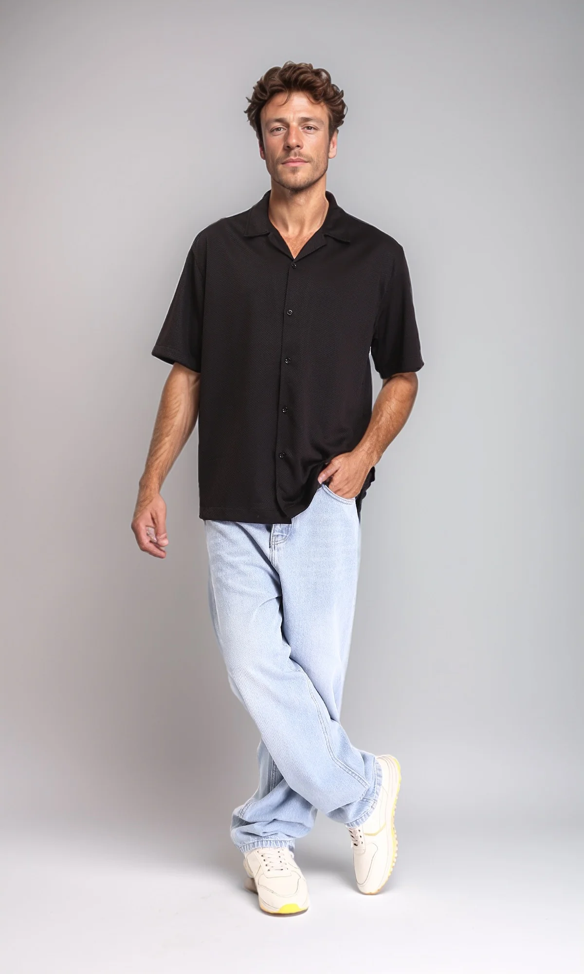 R206333 - Self Pattern Shirt with Classic Collar - Black - Image 4