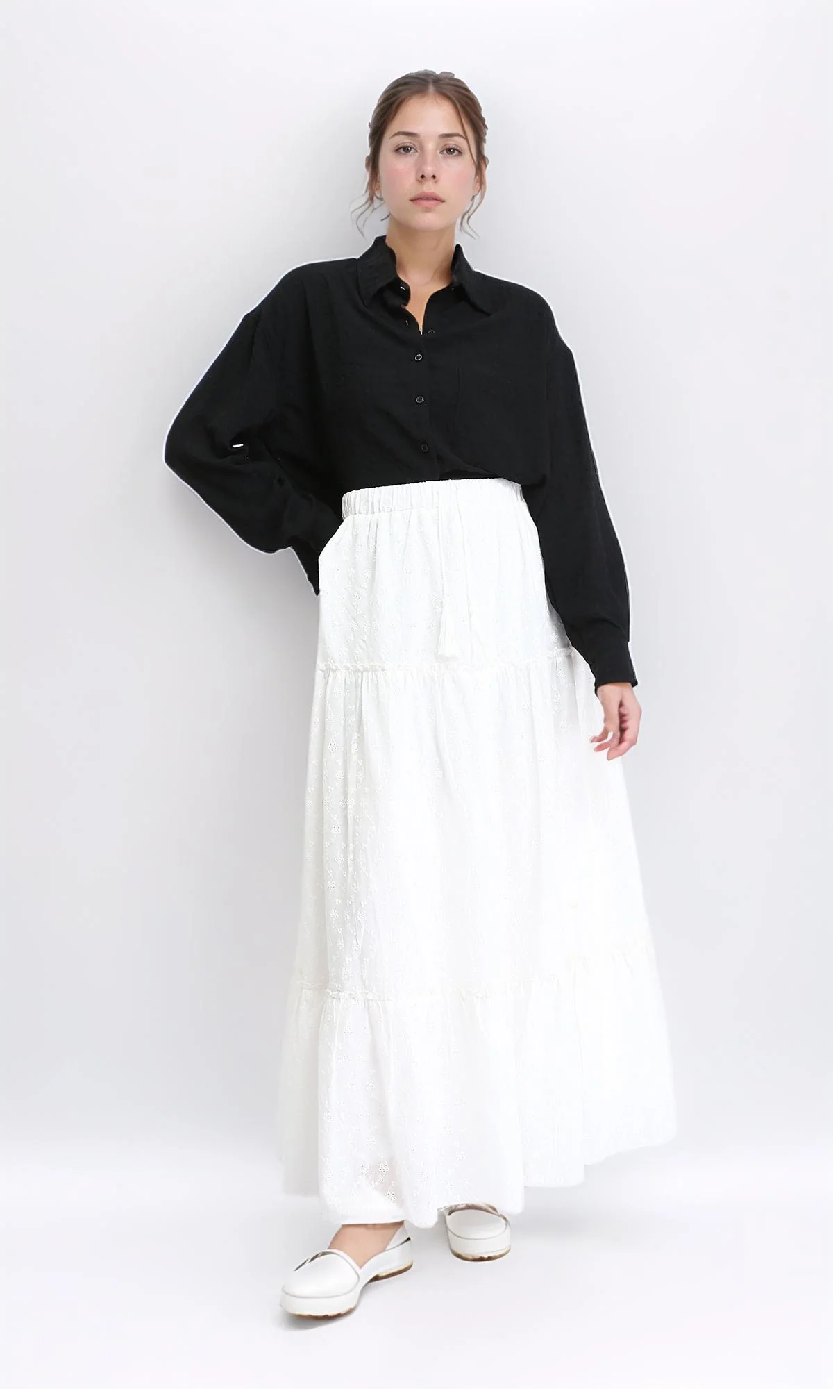R209107 - Self Pattern Slip On Maxi Skirt - White - Image 4