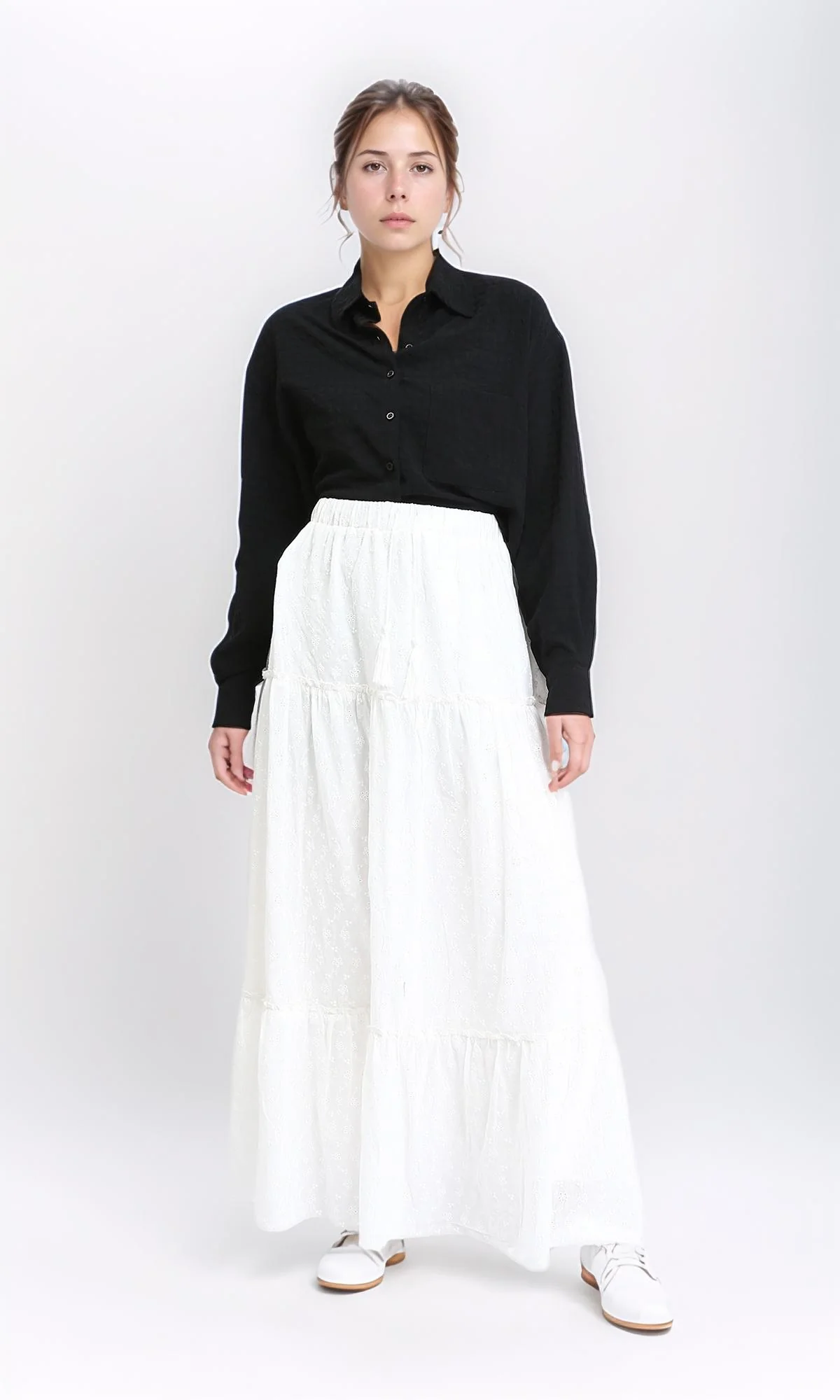 R209107 - Self Pattern Slip On Maxi Skirt - White - Image 5