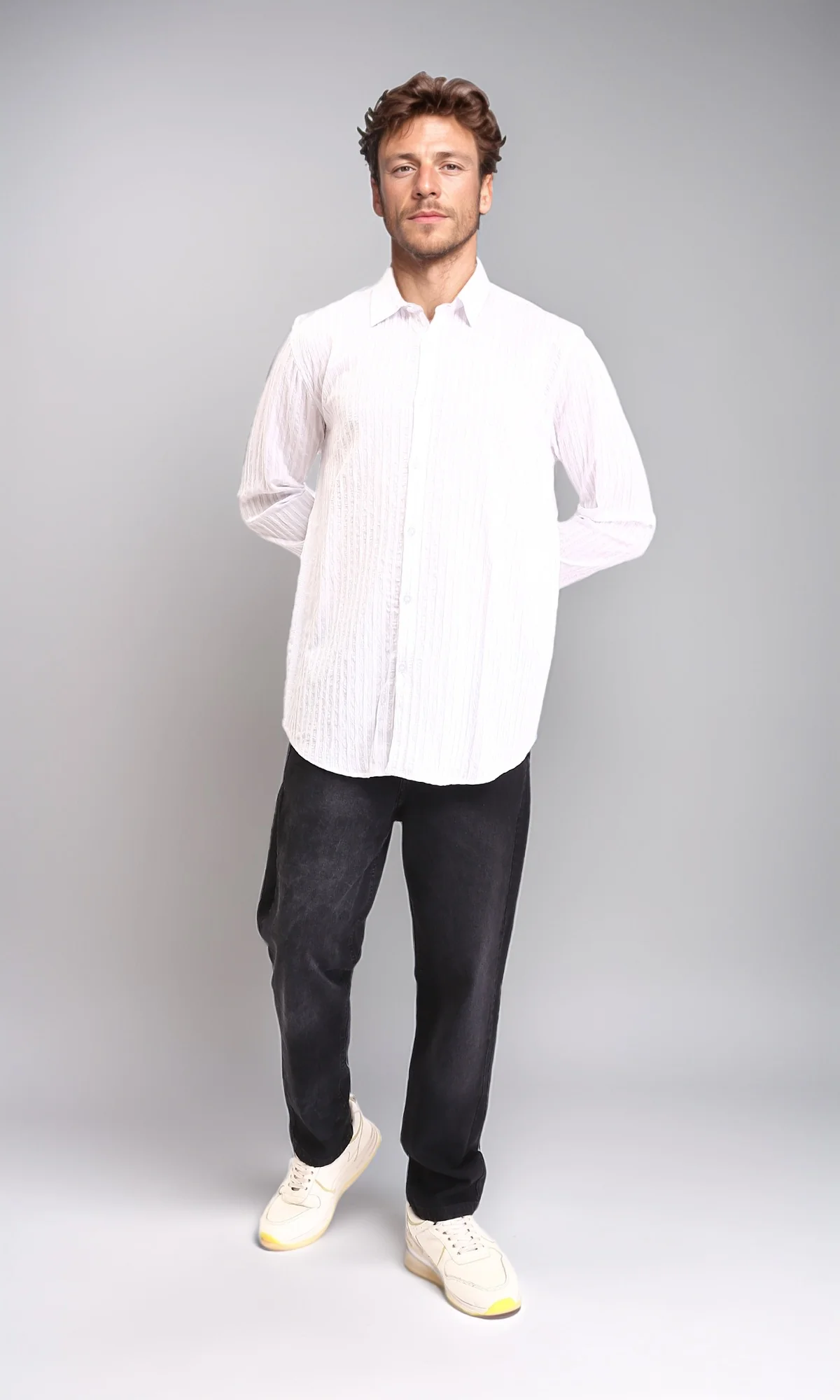 R211743 - Self Striped Long Sleeves Casual Shirt - White - Image 5