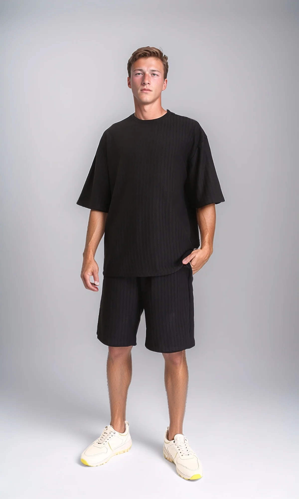 R212649 - Self Striped Slip On Summer Shorts - Black - Image 4