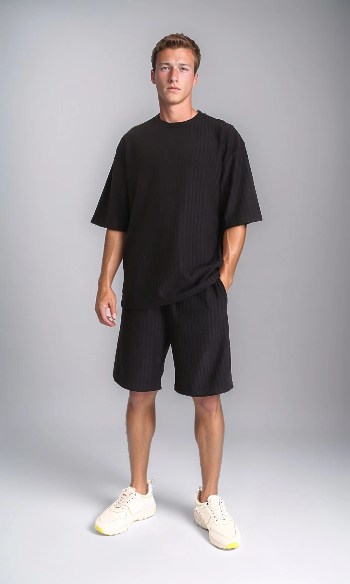 R212649 - Self Striped Slip On Summer Shorts - Black - Image 5