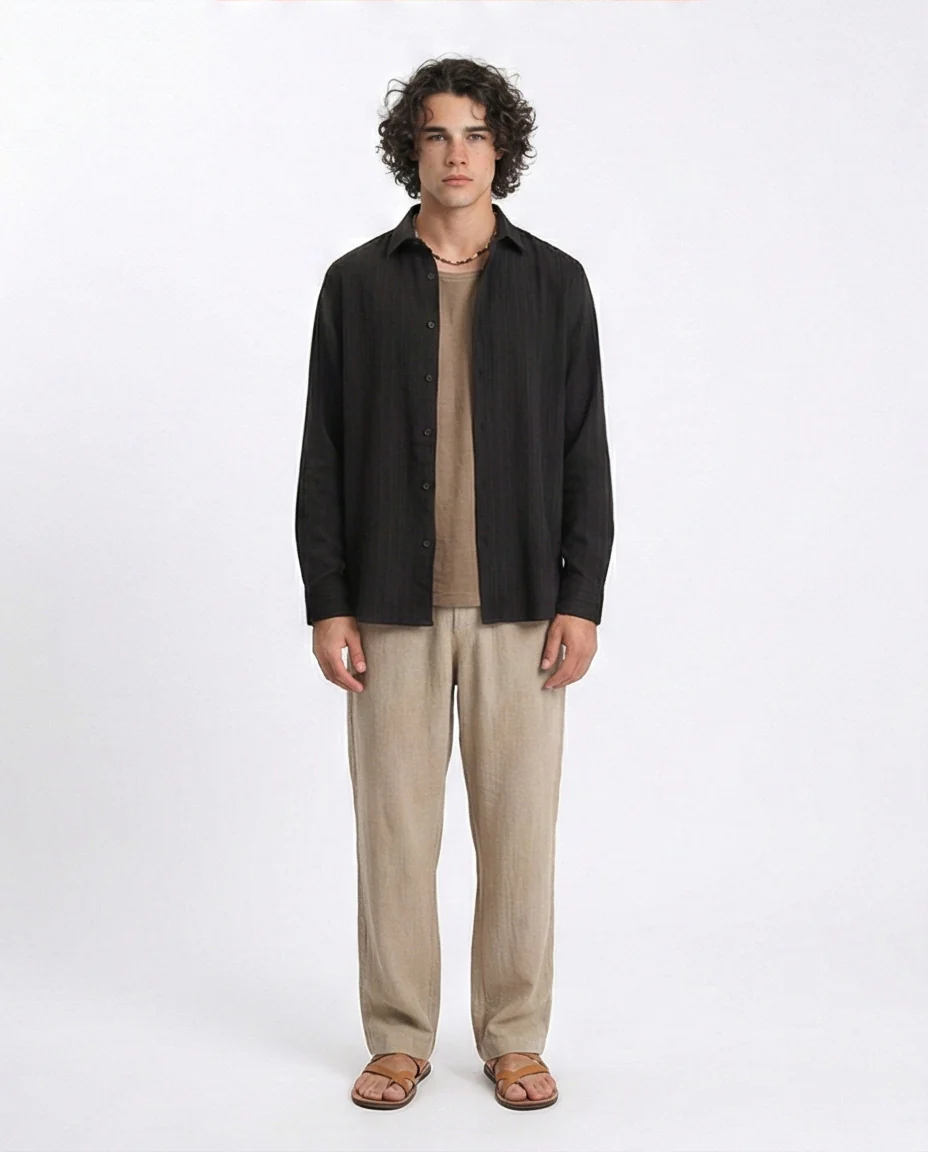 R209101 - Self Textured Long Sleeves Summer Shirt - Black - Image 4