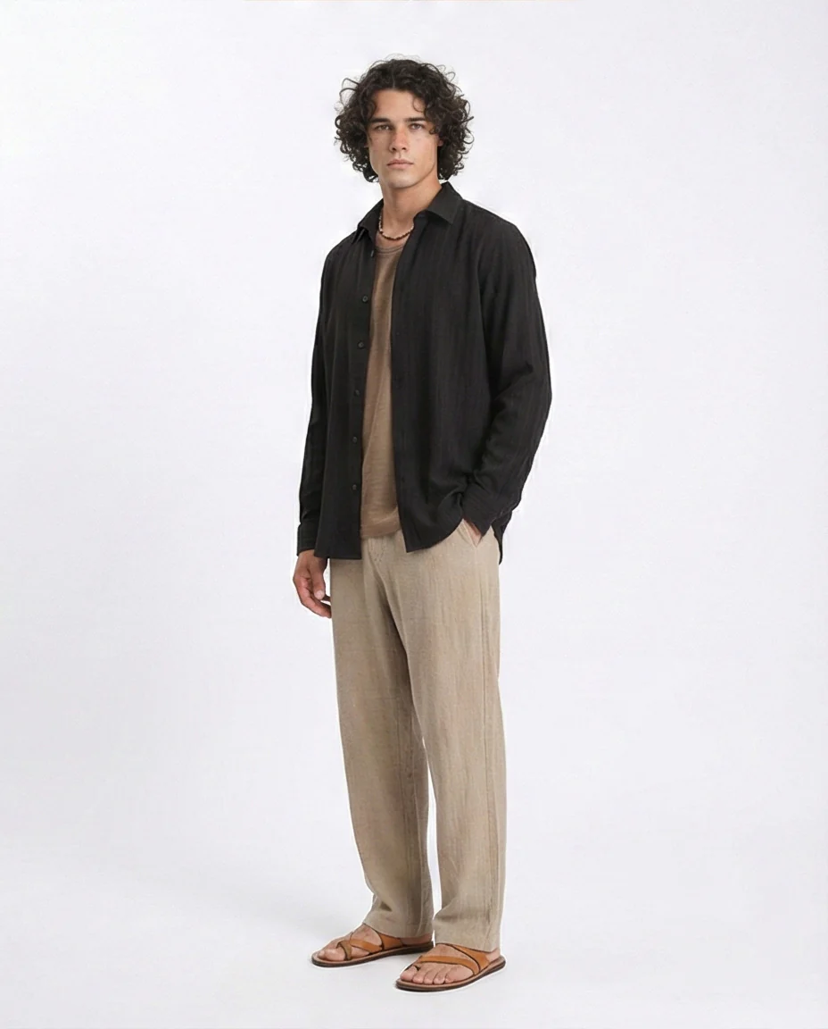 R209101 - Self Textured Long Sleeves Summer Shirt - Black - Image 5