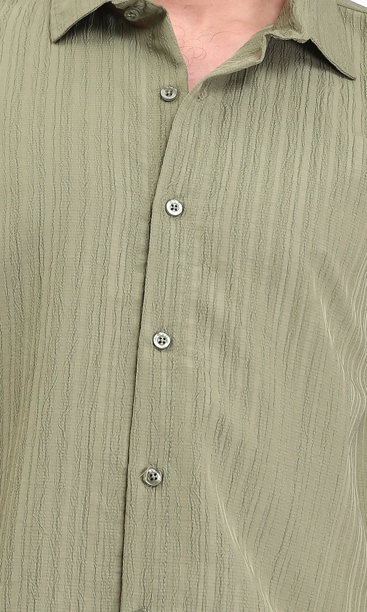 R209102 - Self Textured Long Sleeves Summer Shirt - Olive - Image 5