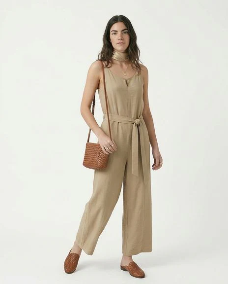 Self-Tie Belted Wide-Leg Jumpsuit in Beige - R216763 - Image 3