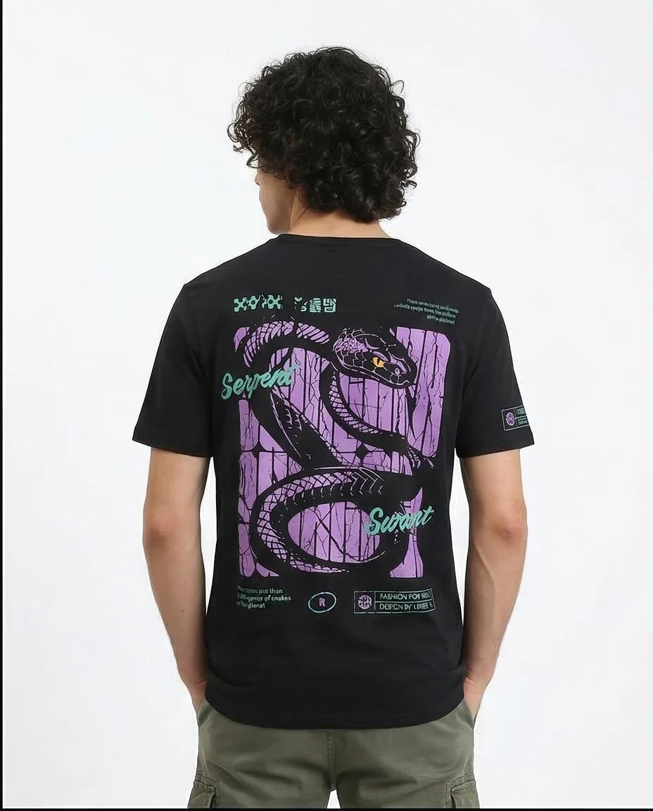 Ravin Serpent Graphic Print 100% Cotton Crewneck T-Shirt – Black - R209373 - Image 2
