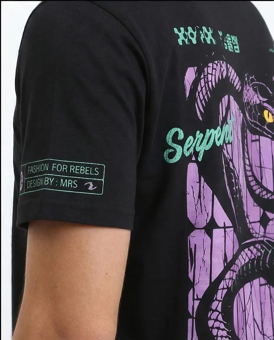 Ravin Serpent Graphic Print 100% Cotton Crewneck T-Shirt – Black - R209373 - Image 3