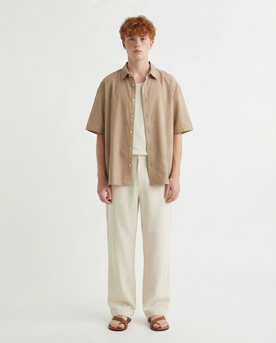 R206337 - Short-Sleeve Button-Up Shirt - Olive Green - Image 3