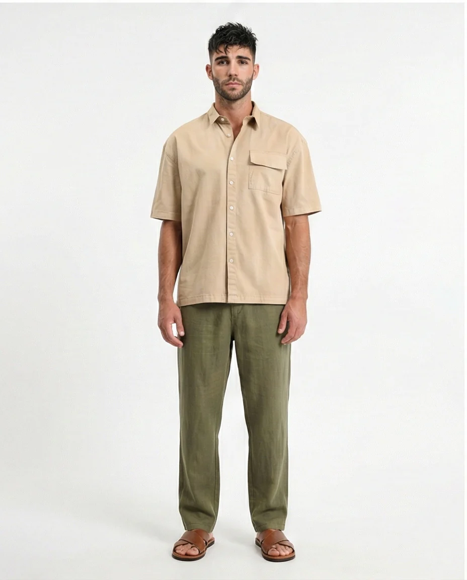 R210048 - Short Sleeves Shirt with Front Pocket - Dark Beige - Image 3