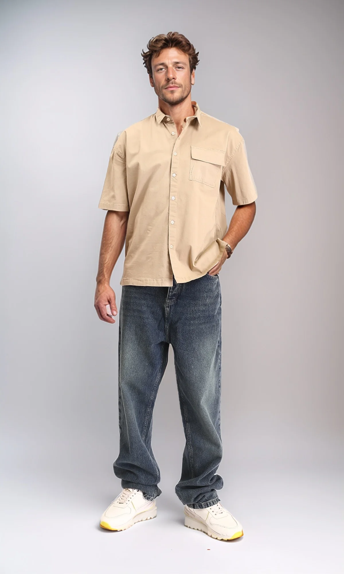 R210048 - Short Sleeves Shirt with Front Pocket - Dark Beige - Image 5