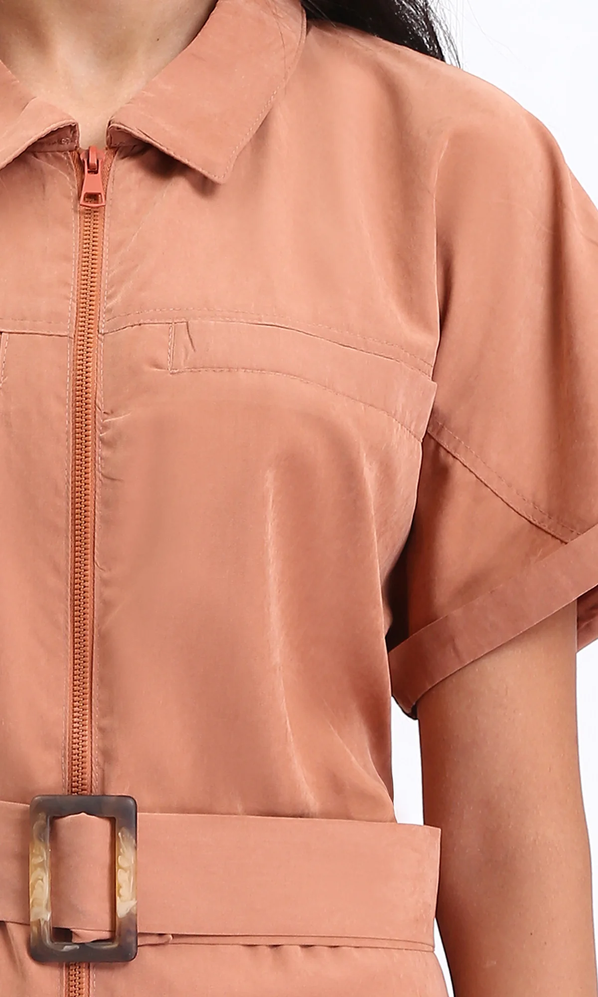 R212075 - Short Sleeves Zipped Jumpsuit with Middle Belt - Dark Salmon - Image 3