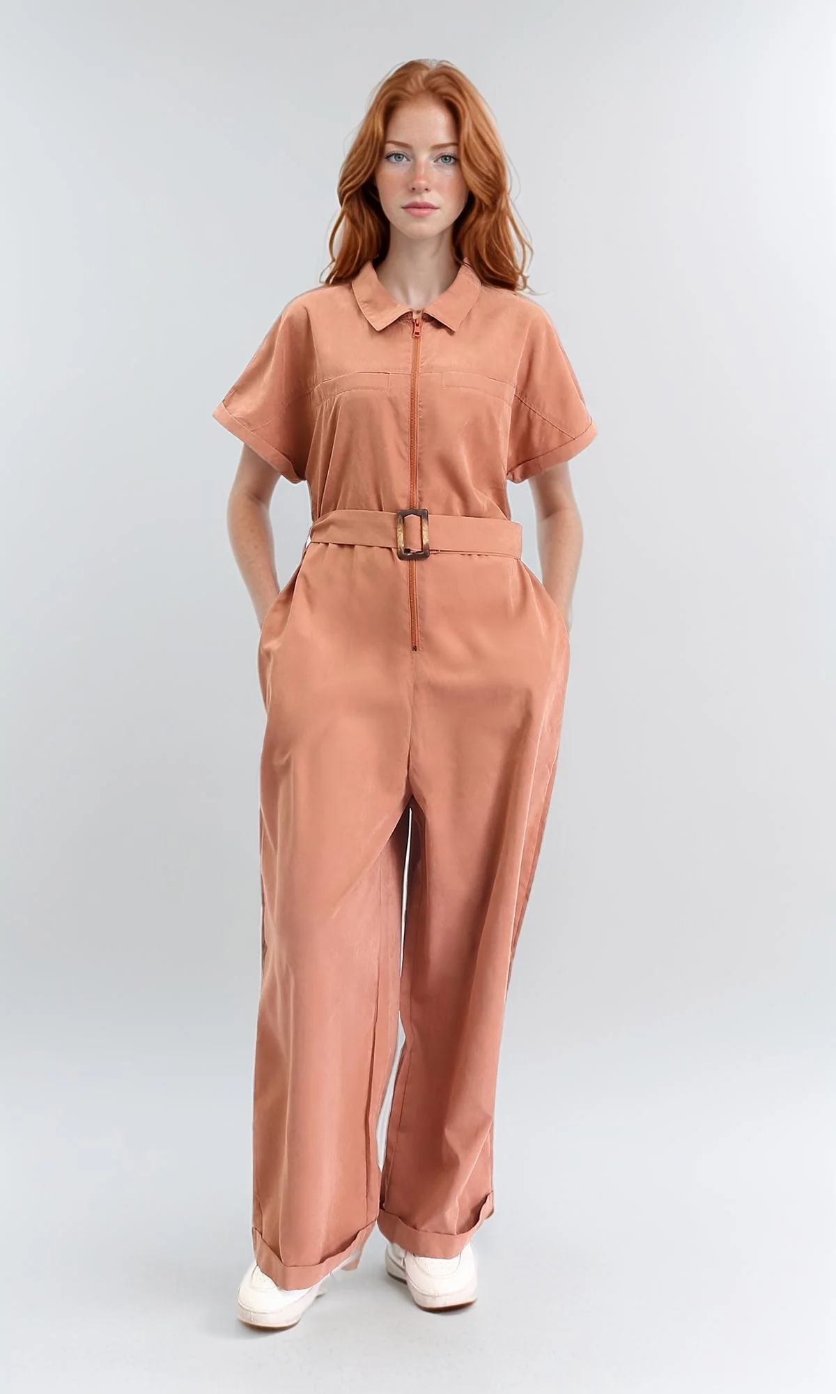 R212075 - Short Sleeves Zipped Jumpsuit with Middle Belt - Dark Salmon - Image 4